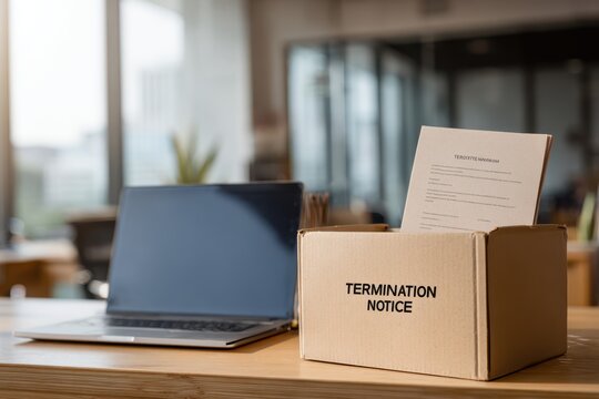 Termination notice on office desk with closed laptop and resignation letter concept
