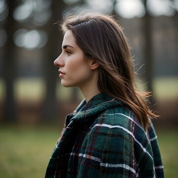 Over-the-shoulder shot of person wearing tartan clothing, blurred outdoor background