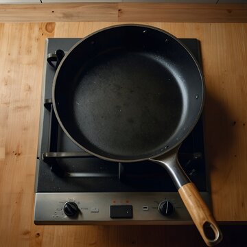 Overhead shot of empty frying pan on stove, modern kitchen background
