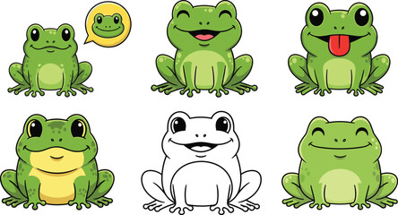 Fototapeta premium Cartoon Frog Vector Illustration Pack with Cute Amphibian Characters, Fun Expressions, and Creative Designs for Stickers and Children’s Media