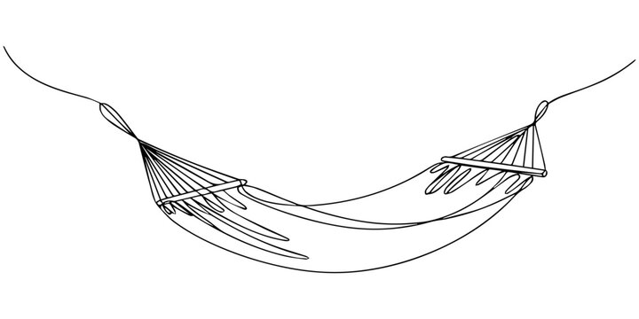 Hammock hung continuous one line drawing, Hammock one line drawing. Minimalist trendy line art. Contour vector illustration, editable stroke, Camping Hammock. Minimalistic one-line drawing hammock
