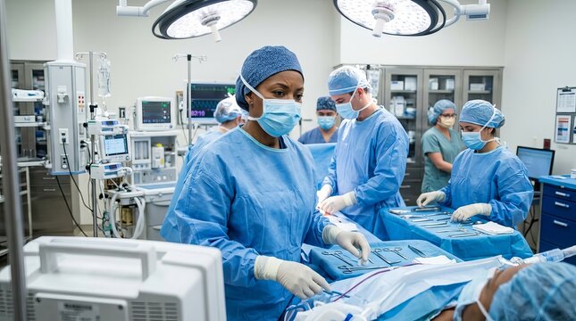 Focused medical team performing a complex surgical procedure during a healthcare operation.