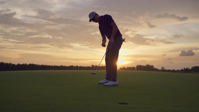 Professional young male golfer swings his club on scenic golf course. 
