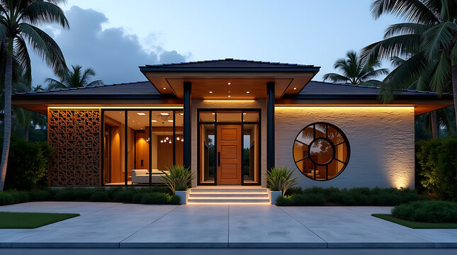 Modern Tropical House Entrance with Round Window