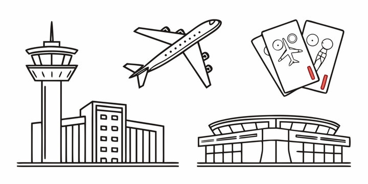 Airport and travel including airplanes, buildings, and tickets