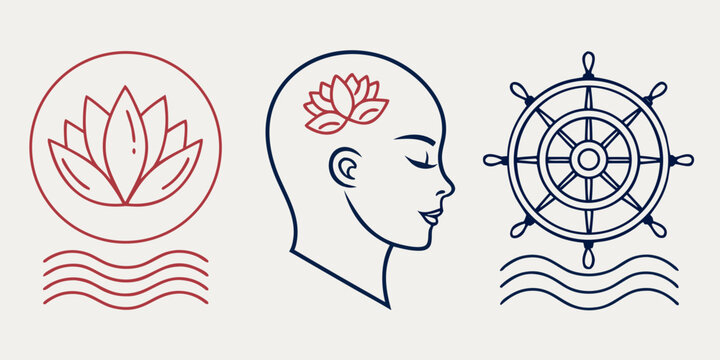 Line yoga and sailing with lotus flower and human head line meditation