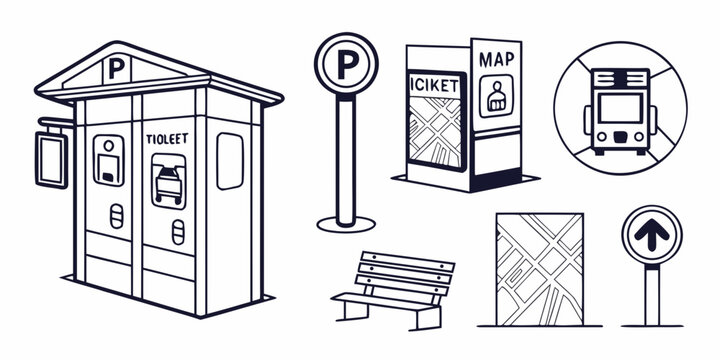 Black and white line of city transportation line black and white parking meter ticket machine