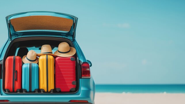 Colorful suitcases and straw hats loading into a car trunk, preparing for a family road trip to the ocean beach