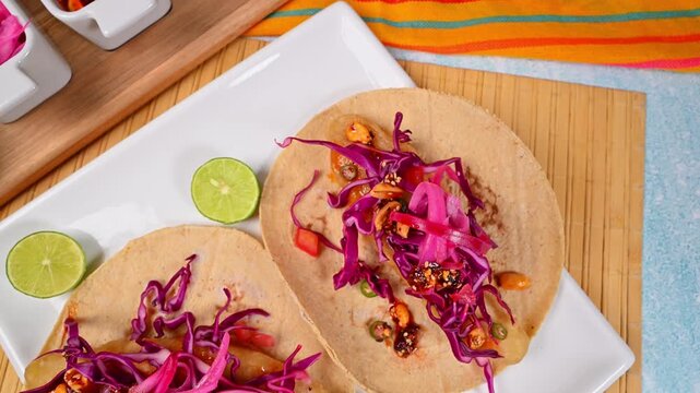 Ensenada-style fish tacos with purple cabbage salad and spicy salsa macha. Aerial view
