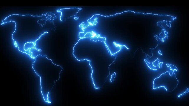 Digital Technology World Map Animation. Glowing Connections in Global Blue World Map Loop with Visual Effects. Neon globe world map.Dynamic neon world map animation for global business expansion.4k