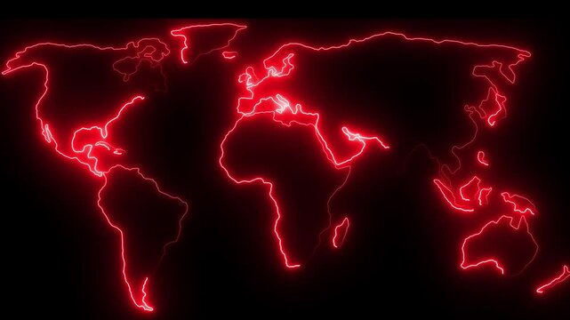 Digital Technology World Map Animation. Glowing Connections in Global Blue World Map Loop with Visual Effects. Neon globe world map.Dynamic neon world map animation for global business expansion.4k