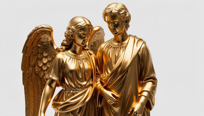Fototapeta premium Golden Angels of Grace: Two golden angel statues stand together, their elegant forms embodying faith and serenity. Their presence evokes a sense of spiritual peace and heavenly beauty.