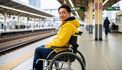 Obraz premium Optimistic Traveler in Wheelchair: A confident individual, seated in a wheelchair, exudes positivity while waiting at a train station. The scene is bright and filled with anticipation.