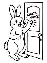 Obraz premium Bunny at the Door: A charming illustration depicts a friendly bunny playfully knocking on a door, bringing a sense of childlike wonder and anticipation.