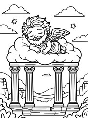 Fototapeta premium Divine Slumber: A serene, cherubic figure rests peacefully atop a cloud, cradled above a classical Greek structure, the backdrop a vista of rolling hills, cloud, and stars.