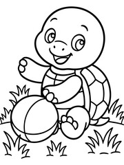 Obraz premium Playful Turtle with a Ball: A charming line art illustration depicts a smiling turtle, joyfully interacting with a ball in a playful grassy setting.