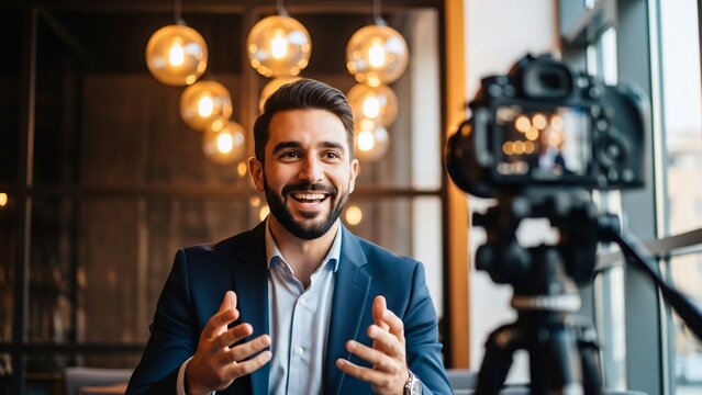 Professional man in business attire recording a video interview or presentation in a modern office setting with warm lighting and camera equipment for content creation