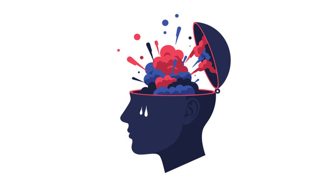 Silhouette of a human head with a lid open and colorful clouds of thoughts and creative ideas exploding out of it in white.