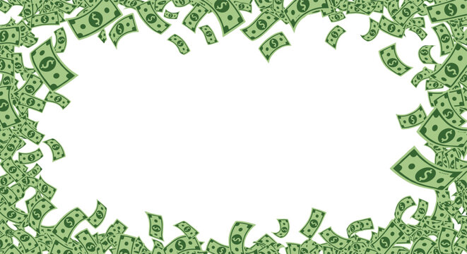 Frame or border made of many falling green dollar bills on a white background for financial success and wealth concepts.