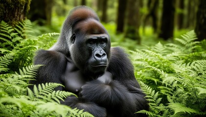 Fototapeta premium Majestic Gorilla in the Rainforest: A powerful and imposing gorilla, its gaze reflecting the primal wisdom of the forest, sits amidst lush green ferns, a testament to the untamed beauty of nature.