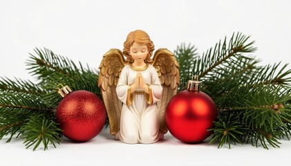 Fototapeta premium Christmas Angel Decoration: A serene ceramic angel, adorned with feathered wings, nestles amidst festive red ornaments and evergreen branches, creating a harmonious holiday scene.