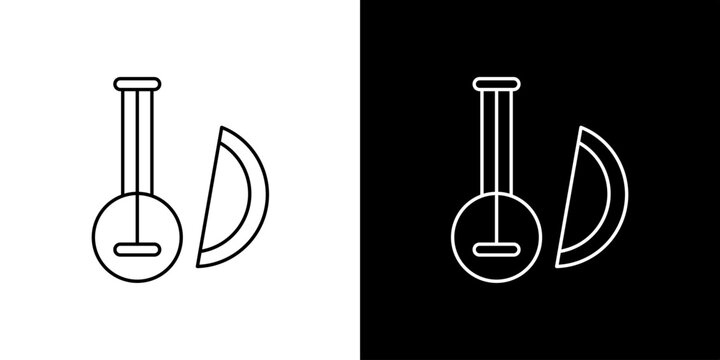 A simple line art icon representing a banjo and bow against a stark black and white background
