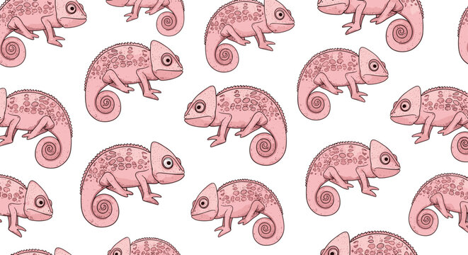 Seamless pattern featuring cute hand drawn pink chameleons with curled tails on a clean white background for textile and wallpaper design.