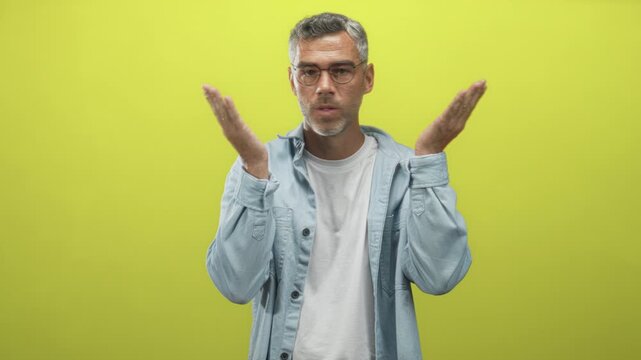 Man middleaged with gray hair pressing temples with hands, wearing glasses and light shirt in studio, then raises palms in a questioning shrug; frustration confusion.