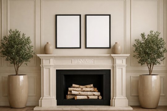 Elegant interior fireplace wall mockup in classic livingroom. Ai generative