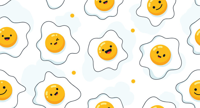 Cheerful seamless pattern featuring fried eggs with cute smiling faces on a white background decorated with blue and yellow soft shapes.