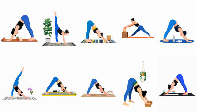 Set of flat vector illustrations depicting a woman practicing various yoga poses, including downward-facing dog and standing split variations with different accessories.