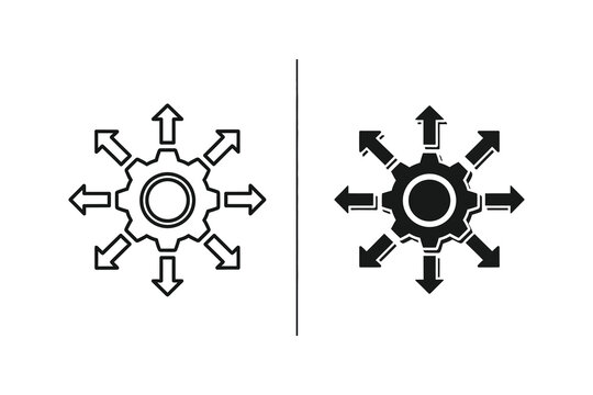 Gear with multiple arrows radiating outward in black and white vector illustration