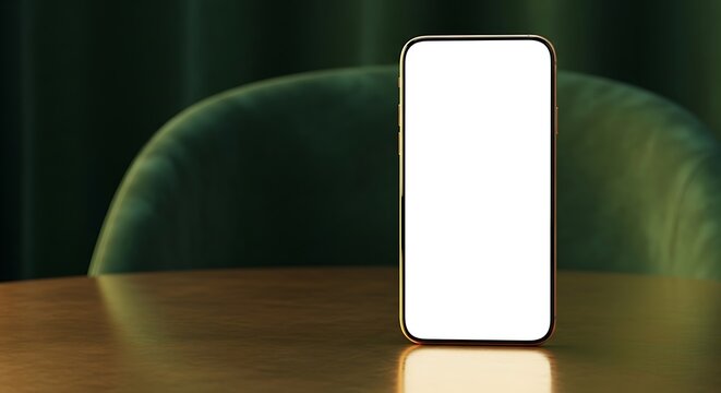 Modern smartphone with blank white screen on a wooden table in a stylish room.