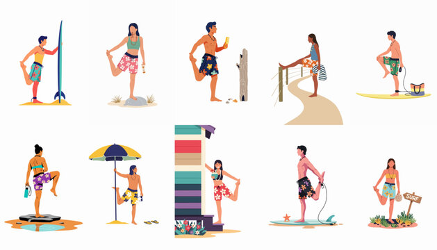 Set of diverse people performing leg stretches and warming up for surfing and beach activities in various coastal settings, flat vector illustration.