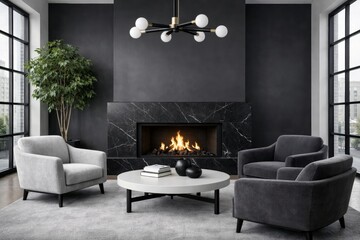 Obraz premium Modern dark living room interior with fireplace and armchairs. Ai generative