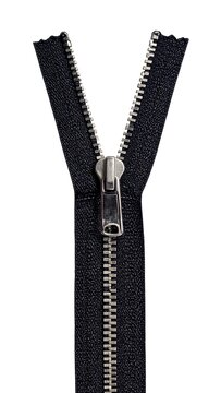 A black zipper with silver teeth and slider on a white background