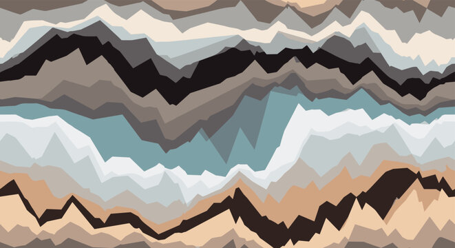 Abstract landscape pattern with jagged horizontal lines in earth tones like brown, gray, and blue resembling layers of earth or mountains.