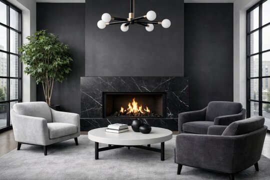 Modern dark living room interior with fireplace and armchairs. Ai generative