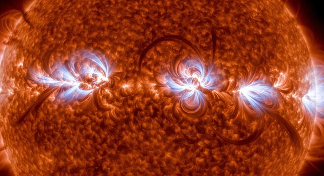 Solar flares erupting from sun surface