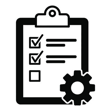 Clipboard with checklist and gear icon for task management and configuration icon