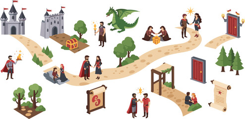 Naklejka premium Fantasy Adventure Map Elements Set with Castle Dragon Treasure Quest Characters and Medieval Path Cartoon Illustration Collection