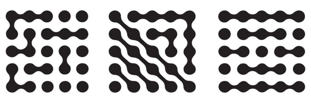 Connected liquid or nano dots pattern with vanishing effect. Disappearing organic amorphous shapes texture. Linked metaballs, molecules or cells transition background. Vector graphic illustration.