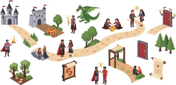Fantasy Adventure Map Elements Set with Castle Dragon Treasure Quest Characters and Medieval Path Cartoon Illustration Collection