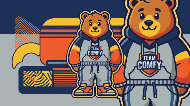 Two cartoon bears wearing comfy hoodies cartoon graphic illustration of friendly animal mascot characters in cozy outfits