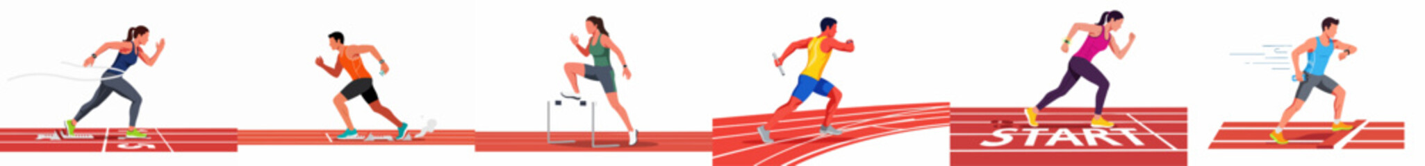Vector illustration set of diverse male and female athletes running, sprinting, and jumping hurdles on a track and field stadium track. © Pat