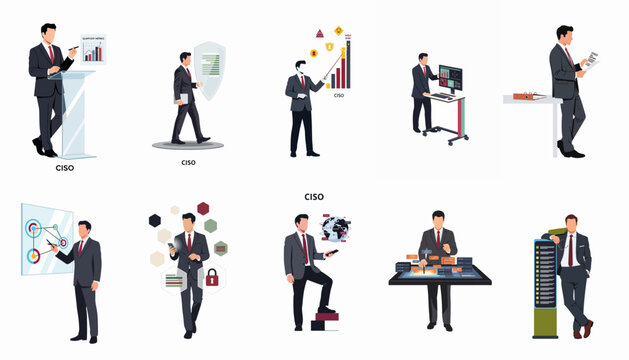 Chief Information Security Officer CISO Illustrations Set in Professional Business Scenarios for Cybersecurity Management and IT Risk Analysis