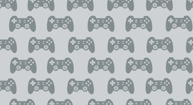 Seamless pattern of gray video game controllers or gamepads on a light gray background for gaming and technology themes.
