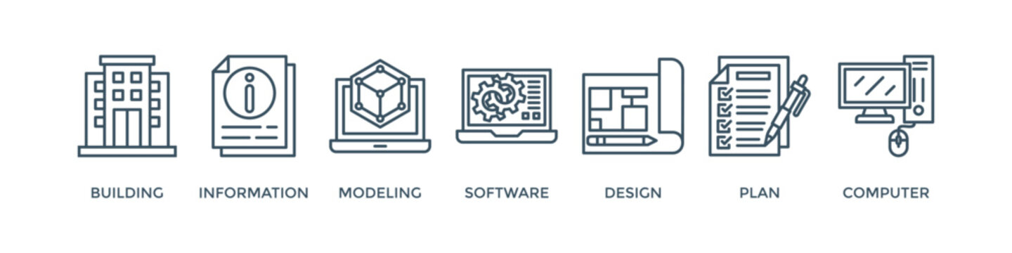 BIM banner web icon vector illustration concept for building information modeling with icon of building, information, modeling, software, design, plan, and computer