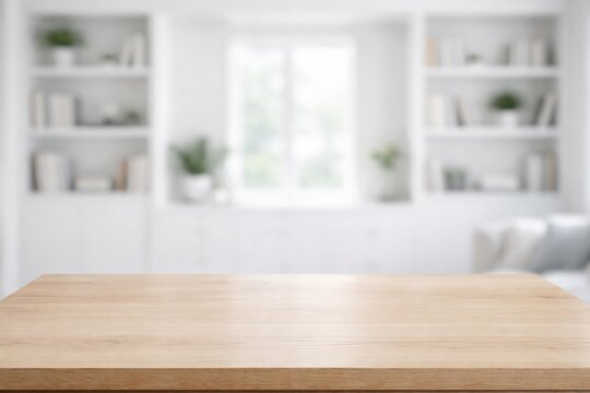 Wooden tabletop in bright minimalist interior room."" Ai generative