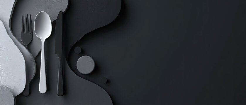 Minimalist silverware set on layered, monochromatic paper background. Fork, spoon, knife layout